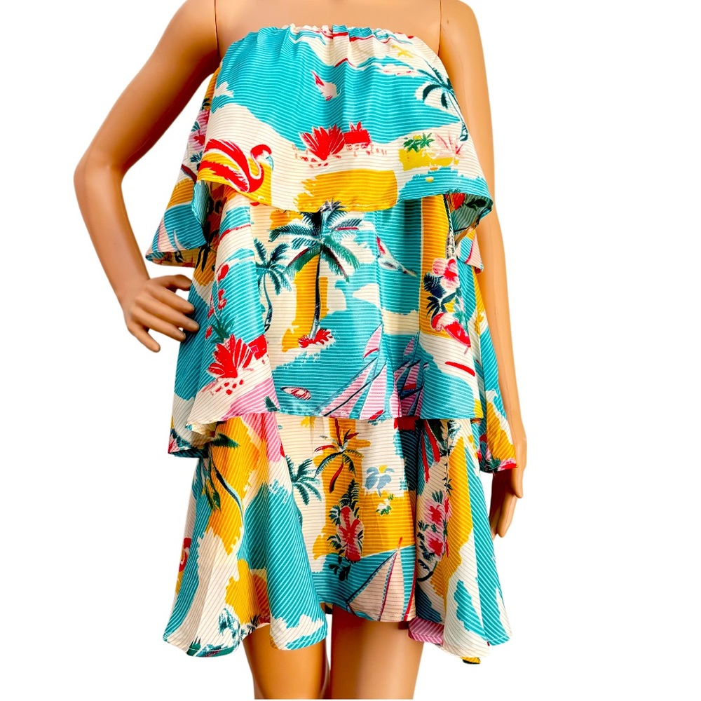 New TRUE DESTINATIONS Printed Silky Crepe Ruffle Tiered Strapless dress